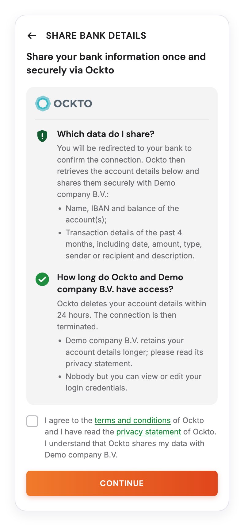 Example of a screen informing the end user before the PSD2 journey